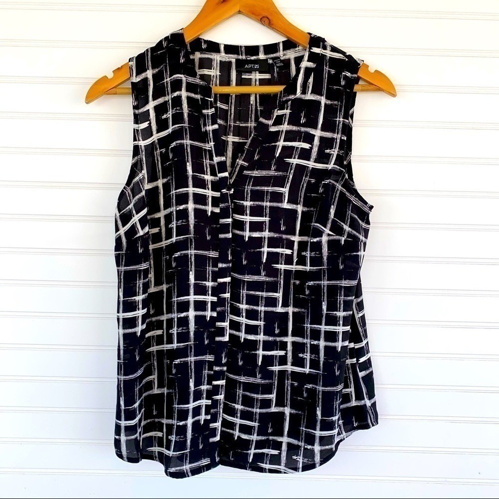Apt. 9 Sleeveless Blouse PM Black White Brushstroke Grid Pleated Back Top